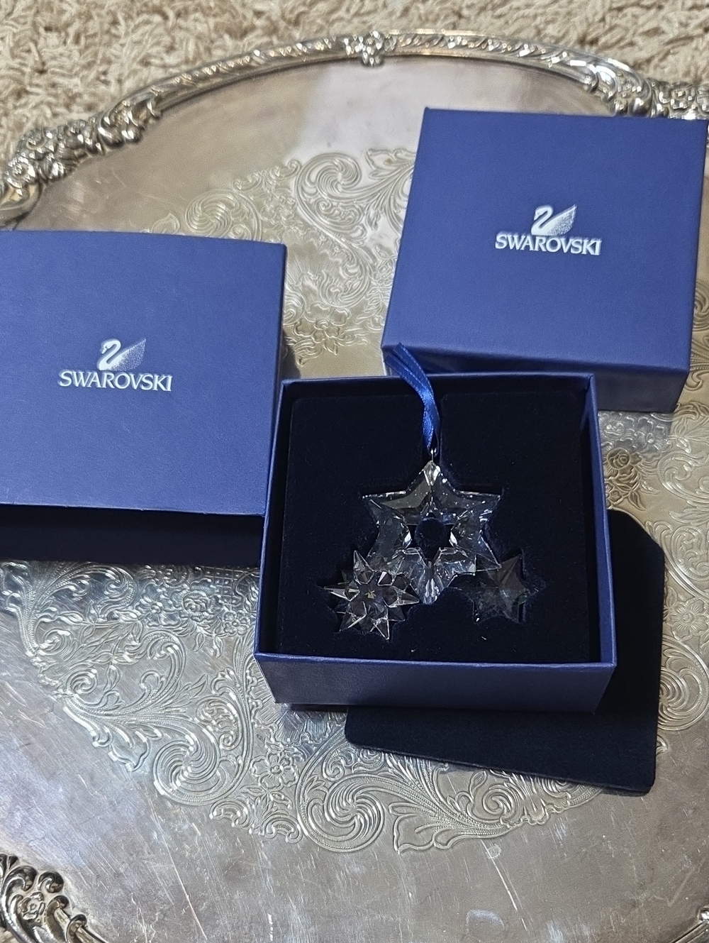 NIB ~ Swarovski Clear Crystal Star Twinkling Stars with Blue Ribbon